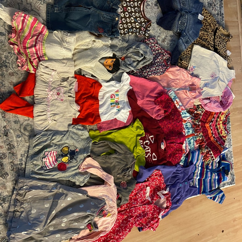 Toddler girl clothes, mix of dresses, pants, sweaters, pants.